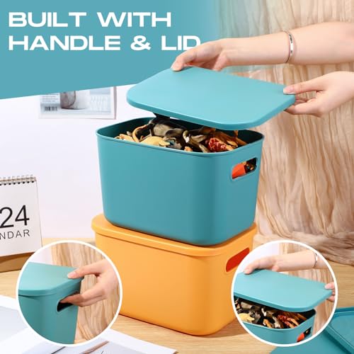 Hoolerry 8 Pieces Colorful Storage Bins with Lid, Plastic Storage Basket Organizing Container Stackable Box with Handle for Shelves Desktop Playroom Office(10.2 x 7 x 6.3 Inch,Green and Yellow) - color: Green and Yellow, size: 10.2 x 7 x 6.3 Inch
