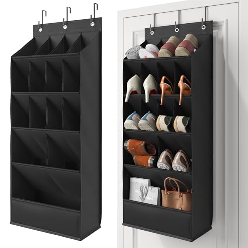 18 Pairs Over the Door Shoe Organizer, Shoe Rack for Closet Door with Large Breathable Pockets, Hanging Shoes Rack for Boots, Behind the Door Organizer Shoe Holder for Categorized Storage, Black - color: Black 15 POCKET