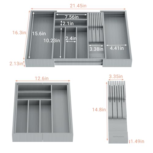 TIOPGHAD Bamboo-Silverware-Drawer-Organizer-Kitchen, Expandable Utensil Holder Cutlery Tray Flatware Organization Adjustable Wood Tableware Dividers Storage (with Removable Knife Block)(Grey) - color: Grey, size: Large