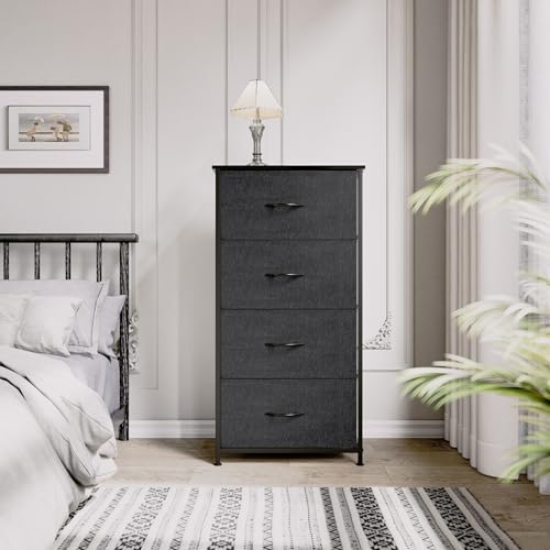 YITAHOME Storage Tower with 4 Drawers - Fabric Dresser, Organizer Unit for Bedroom, Living Room, Closets - Sturdy Steel Frame, Easy Pull Fabric Bins & Wooden Top - color: Cool Black Grey Ash, style: 4-Drawer