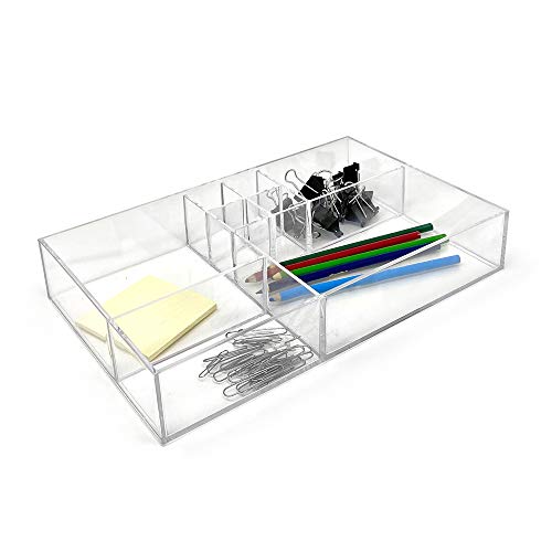Isaac Jacobs 8-Compartment Clear Acrylic Drawer Organizer (13" L x 8.1" W x 2.3" H), Multi-Sectional Tray & Storage Solution for Makeup, School & Office Supplies, Bathroom, Kitchen (Pack of 2) - size: 8-Compartment (Pack of 2)