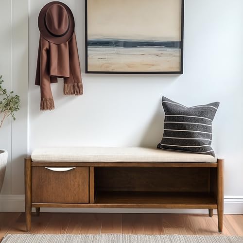 Ink+Ivy Arcadia Entryway Accent Bench with Shelf Shoe Rack, Padded Seating Bench for Living Room, Modern Compact Bed End Bench with Storage for Bedroom Seating, Removable Cushion, 42" W, Walnut Brown