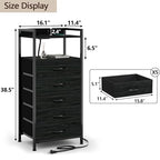 Furnulem Night Stand with Charging Station, Tall Black Dresser for Bedroom, Nightstand with Led Light, Bed Side Table for Living Room, Fabric Storage Drawer, Metal Frame, Wood Furniture - color: Black Oak, style: 5 Drawer