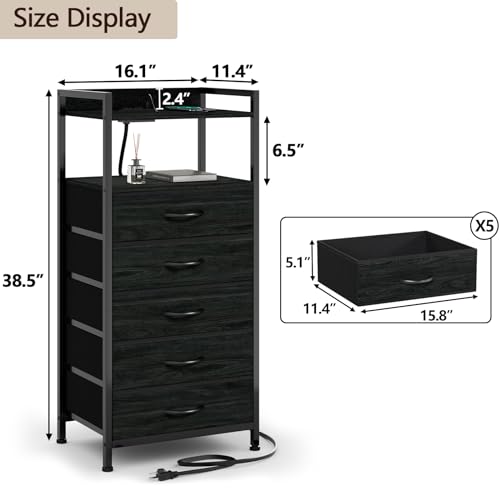 Furnulem Night Stand with Charging Station, Tall Black Dresser for Bedroom, Nightstand with Led Light, Bed Side Table for Living Room, Fabric Storage Drawer, Metal Frame, Wood Furniture - color: Black Oak, style: 5 Drawer