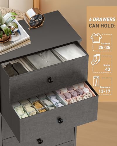 Mifuro Tall Fabric Dresser for Bedroom, Wide Vertical Storage Organizer Tower with 6 Drawers, Chest of Drawers with Bins, Steel Frame, Wood Top for Bedroom, Closet, Entryway Black - color: Grey, size: 6 Large Drawers