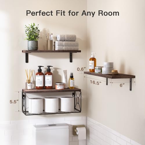 Amada Bathroom Shelves Over Toilet with Storage Basket, Floating Wall Shelf for Home Organization & Wall Decor, Bathroom/Kitchen/Living Room Shelves–Rustic Brown - color: Dark Carbonized Brown