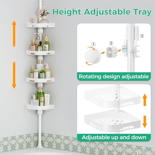 shuang qing 4-Tier Corner Shower Caddy Tension Pole Organizer - Adjustable Rustproof Metal Tension Pole, Plastic Shelves with Safety Guardrail, Bathroom Storage for Shower & Bathtub(White) - color: White, size: No Rotation
