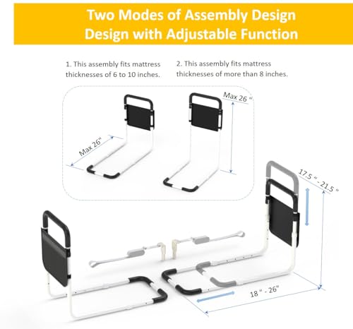 Double Bed Rails for Elderly Adults Safety, Bed Rails for Seniors, Dual Bed Handle Bedside Assist, Adjustable Bed Bar for Fall Prevention, Medical Bed Cane Fits Twin, Queen, Full, King Bed (2 Pack) - size: 2 Packs