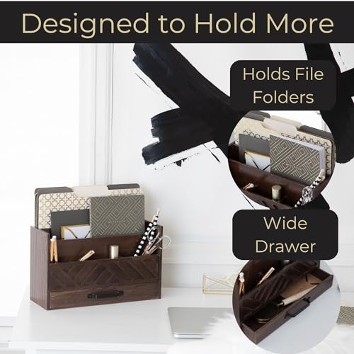 BLU MONACO | Wooden Mail Organizer with Drawer and Compartments | Mail Sorter Organizer Countertop for Desk Entryway | Outgoing Mail Holder Wood Desktop File Storage - color: Brown