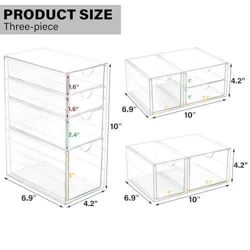 Prsildan Acrylic Drawer Makeup Organizer with 9 Drawers, Set of 3 Office Desk Organizers Accessories, Clear Stackable Storage Drawers for Vanity, Countertop, Craft, Jewelry, Art Supply Organization - style: 9 Drawers