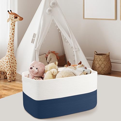 MEGASKET Extra Large Rope Basket, 22" x 17" x 12" Woven Stuffed Animals Storage Bin, Kids Dog Stuff Toy Box Organizer, Living Room Nursery Organization, Big Basket Container for Blankets Clothes - color: White & Dark Blue, size: 22"x17"x12"