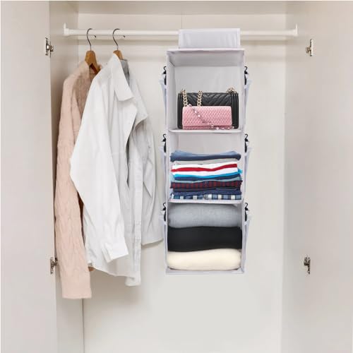 PetsHome 3-Shelf Hanging Closet Organizer, Space Saver, Closet Hanging Storage Shelves with Mesh Pockets & Magic Tap for Storage, Foldable-Grey - color: Grey, size: 3 Shelf