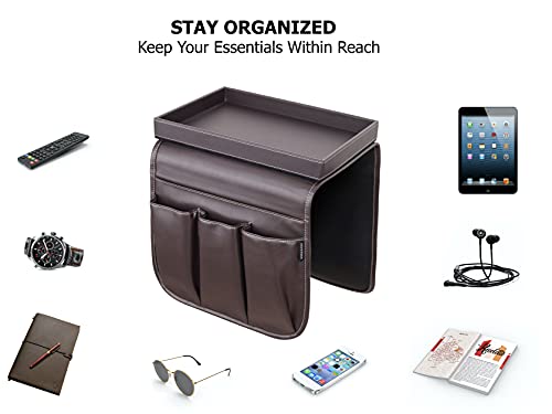 Anti Slip Armchair Caddy w/Detachable Wooden Snack Tray PU Leather Armrest Cup Holder Couch Arm for Recliner w/ 1 Big Pocket, 3 Small Pockets, Remote Control (Dark Chocolate), 10.5Wx30L - color: Dark Chocolate