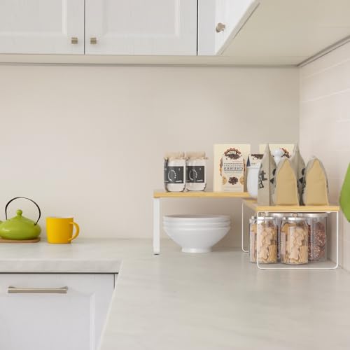 NEX Bamboo Cabinet Organizer Shelf, Set of 2 Kitchen Counter Shelves, Spice Rack, Stackable Kitchen Shelves Organizer, Pantry Cupboard Dish Mug Cup Storage Shelf, White and Natural - color: Cloud White + Natural Beige, size: 15.6''W