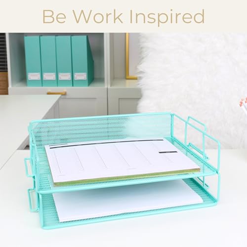 BLU MONACO Aqua Mesh Paper Tray Set of 2 | Stackable Letter Trays for Desk Storage | Metal Document Holder and File Organizer for Home, Office and School | 13” x 9.8” x 5.6” Workspace Organizer - color: Aqua