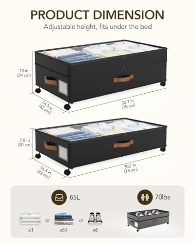 Under Bed Storage with Wheels, 10 inches Under Bed Storage Containers, 65L XXL Large Adjustable Underbed with Lids, Rolling Underbed Storage bins for Shoes, Clothes, Blankets, Black - color: Black