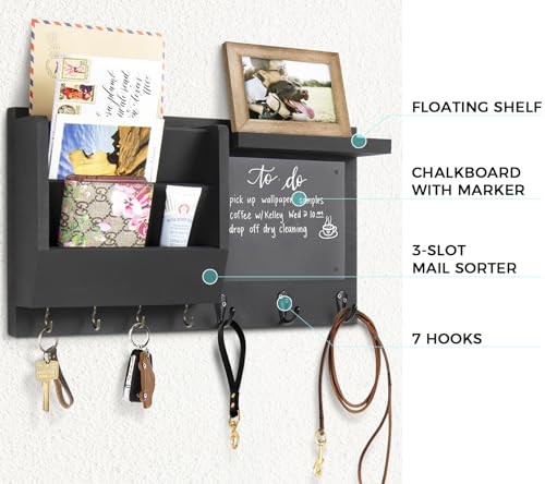 Ziivita Key Holder for Wall - Mail Holder Organizer Wall Mount with Shelf - Hanging Key Rack Hanger with Hooks Decorative for Home Coat Letter Dog Leash Entryway Living Room Decor - color: Black