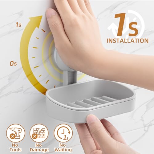 LEVERLOC Soap Dish Holder for Shower Suction Cup Wall Mounted Self Draining NO-Drilling Removable Bar Soap Sponge Holder for Bathroom Bathtub Kitchen Sink Waterproof Strong Vacuum Suction, Grey - style: 1 tier Grey