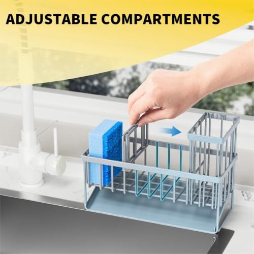 Cisily Sink Caddy Organzier with High Brush Holder, Sponge Holder for Sink, 304 Rustproof Stainless, Kitchen Countertop Soap Dispenser Organizer, Gray Blue Kitchen Decor and Accessories - color: Grey Blue, size: 9.25″