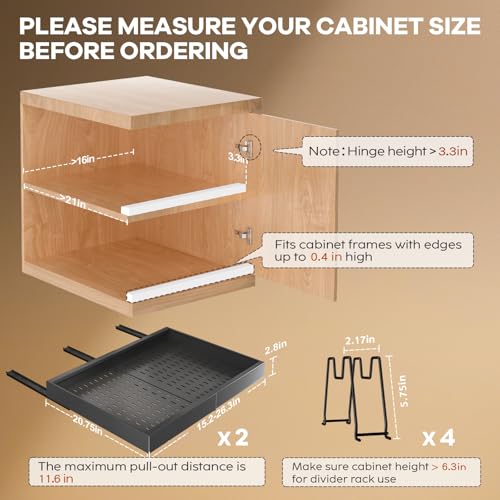 Seinloes 2 Pack Pull out Cabinet Organizer 21" Deep With Raising Pad for Framed Cabinets,Expandable (15.2"-26.3"W) Slide out Drawers for Kitchen Cabinets with 4pcs Divider Racks,Roll out Shelves,Black - color: Black, size: 15.2"-26.3"W x 21"D(2Pack)