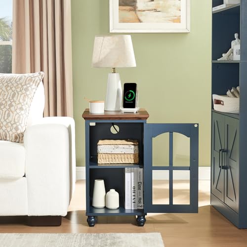 Narrow Side Table Set of 2,Farmhouse Nightstand with Charging Station,End Table with Glass Barn Door Storage, Cabinet Organizer with Adjustable Shelf, Night Stand for Small Spaces Living Room Bedroom - color: Blue, size: Set 2