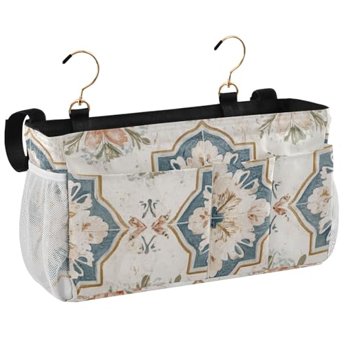 Bedside Caddy Metal Frame Hanging Organizer Bunk Bed Dorm Accessories Hook And Loop Storage Bag Large Pockets Beige Rose Talavera Style - color: Beige Rose Talavera Style