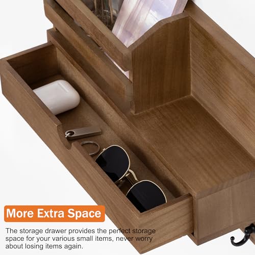 dreampossible Key and Mail Holder for Wall, Mail Organizer Wall Mount with 6 Hooks and Storage Drawer, Wooden Key Rack Hanger with Shelf for Entryway and Home Decor - color: Brown, size: Large(13.4''x8.7'')