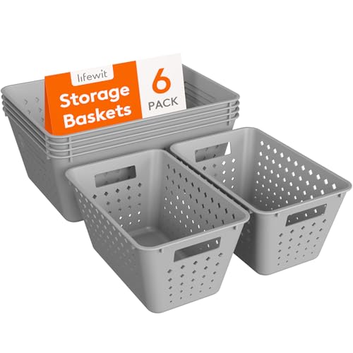 Lifewit Plastic Storage Basket for Organizing, 6 Pack Stackable Open Containers, Multi Size Storage Bins for Shelving, Pantry, Office and Cabinet, 4 Large and 2 Small Size, Gray - color: Gray, size: 4 Large and 2 Small