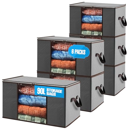 Storage Bags For Clothes - 6-Pack Collapsible Organizers for Blankets, Bedding & Clothes - Large 90L Zip Bags with Handles (Grey) - color: Clear 6-Pack