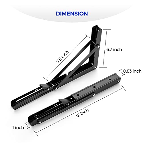 Ravinte 2 Pack 12 Inch Folding Shelf Brackets – Matte Black, Heavy Duty Collapsible Brackets for Tables and Benches – Space-Saving Design - size: 12 Inch