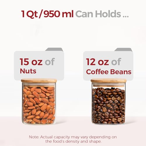 1Qt Airtight Glass Canisters with Bamboo Lid, Square Pantry Storage Containers for Coffee, Cookie, Candy, Snack, Nuts, Dry Goods - Kitchen & Pantry Organizers and Storage Containers 4 pack - size: 4 pack(1qt)