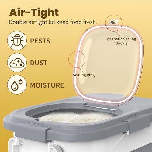 HOYTAMDA 25-35Lbs Rice Container,Collapsible Airtight Food Storage Containers with Wheels,Handle,Rice Storage Container with Small Bin and Scoop,Rice Dispenser for Flour Sugar Cereal Grain Dog Cat - color: Grey/25-35lbs