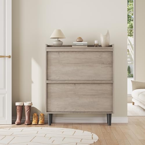 GarveeHome Shoe Cabinet with 2 Flip Drawers, Wooden Shoe Organizer Cabinet with Adjustable Shelf, Shoe Storage for Entryway, Hidden Shoe Cabinet for Hallway, Living Room, Grey - color: Grey, size: 2-Drawers