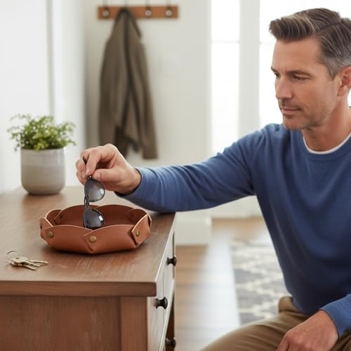 Faux Leather Valet Tray for Men, Catch-All Tray Empty Dad's Pocket for Nightstand Entryway Table, Dump Holder Everyday Carry Organizer for Wallet Keys Watch, Brown - color: Brown
