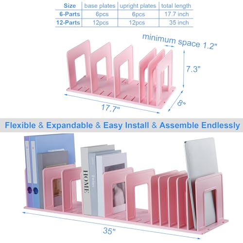 Adjustable Vertical File Sorter Sturdy Plastic Expandable Upright File Holder, Desktop Binder Organizer, School Office File Organizer Bookshelf Divider, Assemble Easily Endlessly, Pink - color: Pink, size: 12-Parts
