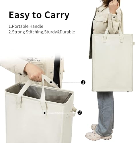 ZERO JET LAG Slim Laundry Hamper With Handles Collapsible Laundry Basket Thin Dirty Clothes Basket Narrow Laundry Bag Foldable Dirty Clothes Hamper 45L (23 inches,Beige) - color: Beige