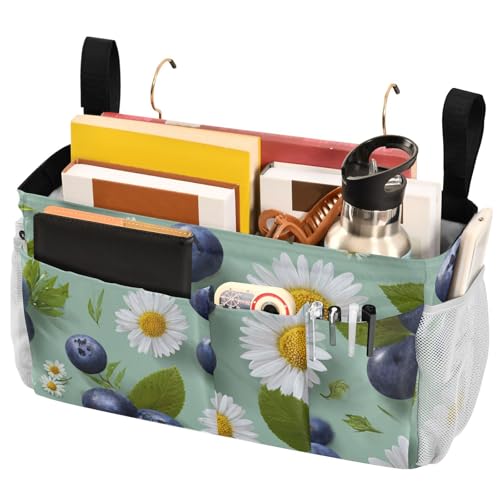 Bedside Caddy Metal Frame Hanging Organizer Bunk Bed Dorm Accessories Hook And Loop Storage Bag Large Pockets Blue Blueberries and Daisies - color: Blue Blueberries and Daisies