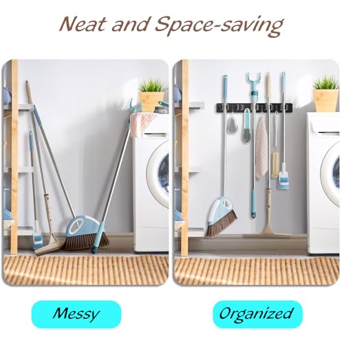 OUTNILI Mop and Broom Holder Wall Mount - Black Broom Mop Hanger - Wall Mounted Garden Tool Rack Organizer for Closet Garage Laundry Room Kitchen Decor With 5 Slots & 4 Hooks - color: Black-5 Grips, size: 1 Pack