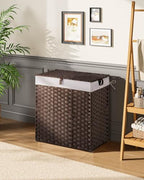Greenstell Laundry Hamper with lid, No Install Needed, 110L Wicker Laundry Baskets Foldable 2 Removable Liner Bags, 2 Section Clothes Hamper Handwoven Rattan Laundry Basket with Handles, Brown - color: Brown, size: 110L (22.2x13.3x24.0 Inches)