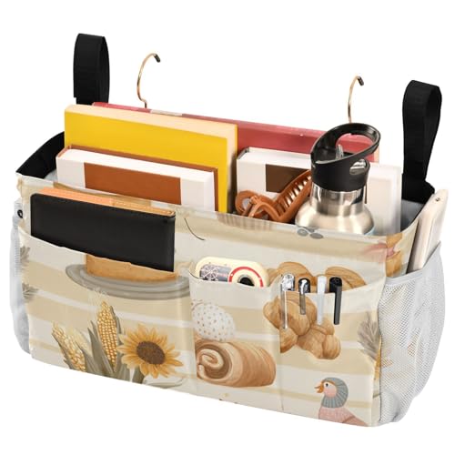 Bedside Caddy Metal Frame Hanging Organizer Bunk Bed Dorm Accessories Hook And Loop Storage Bag Large Pockets Beige Bread Pumpkin Thanksgiving - color: Beige Bread Pumpkin Thanksgiving