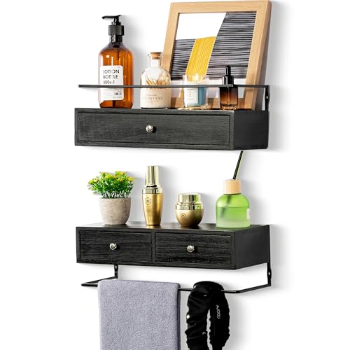 DreamPossible Floating Shelves - Wall Mounted Bathroom Shelf Set of 2 with Drawers, Rustic Wood Shelves for Bedroom, Living Room, Kitchen, Home Decor, Plants, Books (Black) - color: Black, size: 13.8 Inch Long