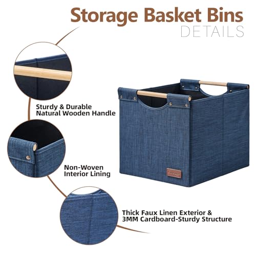 KAKAMAY Collapsible Cube Storage Bins 15x13x13 Inches Dark Blue 2-Pack, Foldable Storage Organizer Wooden Handles Fabric Baskets for Living Room Shelves, Bedroom Nursery Closet Toys, Clothes, Laundry - color: Dark blue