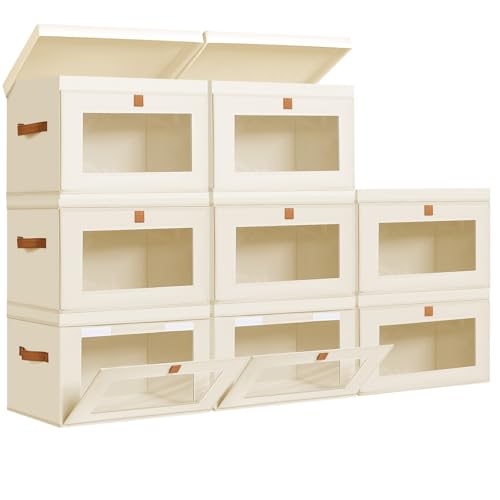 DIMJ Storage Bins with Lids - 8 Pack Large Fabric Closet Organizer with Window & Handles, Collapsible Decorative Storage Boxes for Shelves Under Bed, Books Clothes Blankets Sweaters Organization - color: Beige, size: Large-8 Pack