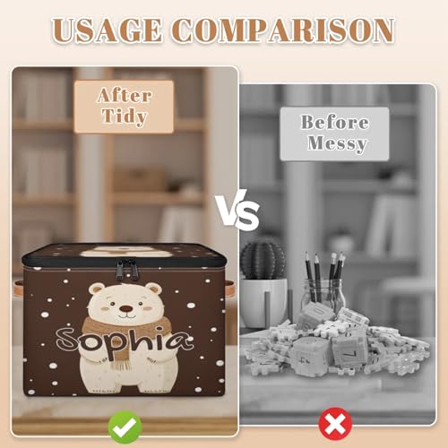 Custom Storage Basket with Name, Personalized Storage Bins with Zipper Lid, Foldable Fabric Storage Box Large capacity with Handle Scarf Bear - color: Option 2