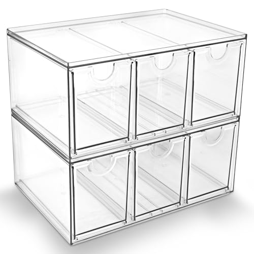 Prsildan Acrylic Makeup Organizer, 2 Pack Stackable Storage Drawers with 6 Drawers for Office Desk Vanity Craft Room Clear Drawer Organizers for Hair Accessories Art Supplies Cosmetics Modular System - style: Style3-6Drawers