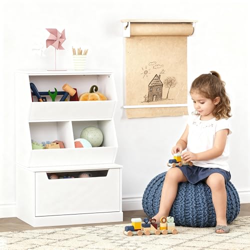 UTEX Kids Toy Storage Organizer, Bookshelf for Kids and Bookcase with Drawer, Children Open Storage Cubby for Playroom Nursery White