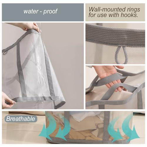 Mesh Bag with Handles, Collapsible Laundry Basket, Foldable Laundry Bag, Breathable Folding Beach Bag,Space-saving Travel Tote Bags (1, Black) - color: Black