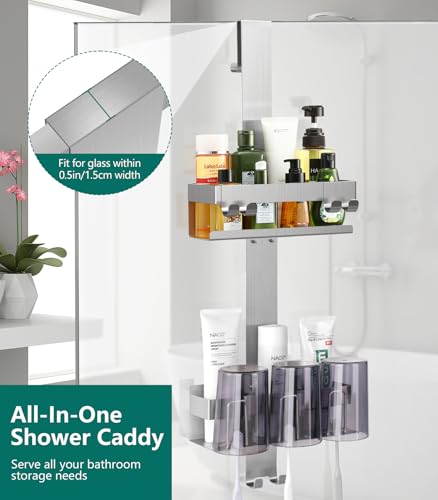 Emibele Over The Door Shower Caddy 2 Tier, 304 Stainless Steel Hanging Shower Caddy Rustproof Shower Shelves, No Drilling Hanging Shower Organizer for Bathroom Glass Door, Silver - color: Silver, style: 2-Tier