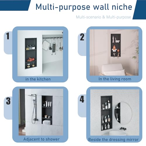 Stainless Steel Niche for Shower Wall，Shower Niche Insert Tile Ready ，Organizer Storage for Room，3-Tier Shelves ，Matte Black (Black，30 * 12 in) - color: Black, size: 30 * 12 in