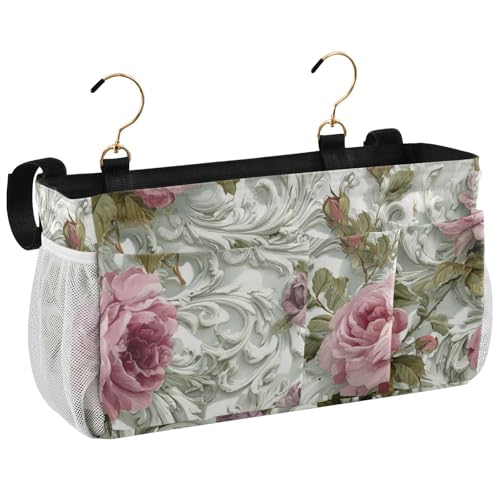 Bedside Caddy Metal Frame Hanging Organizer Bunk Bed Dorm Accessories Hook And Loop Storage Bag Large Pockets Lavender Pink Rose Flowers - color: Lavender Pink Rose Flowers